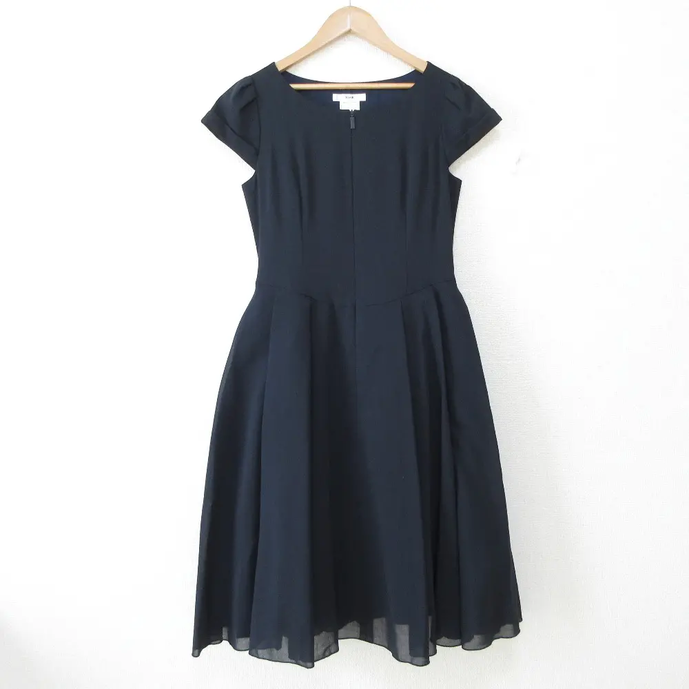 Rene ルネ フロントジップ キャップスリーブ ミモレ丈 フレアワンピース ミディドレス 36 ネイビー