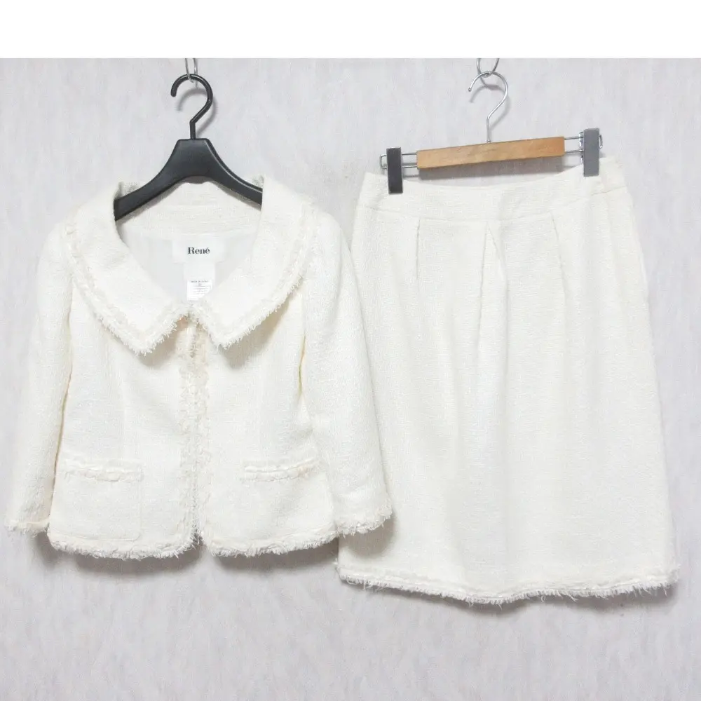 Rene ルネ シフォンフリル フリンジ ツイード 七分袖ジャケット＋ひざ丈スカート スーツ セットアップ 上下 38 オフホワイト