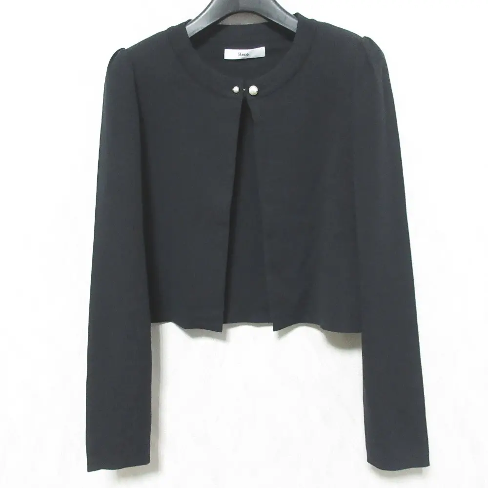 Rene ルネ パールボタン ロングスリーブ 長袖 クルーネック ショート丈 カーディガン ニットボレロ 36 ブラック