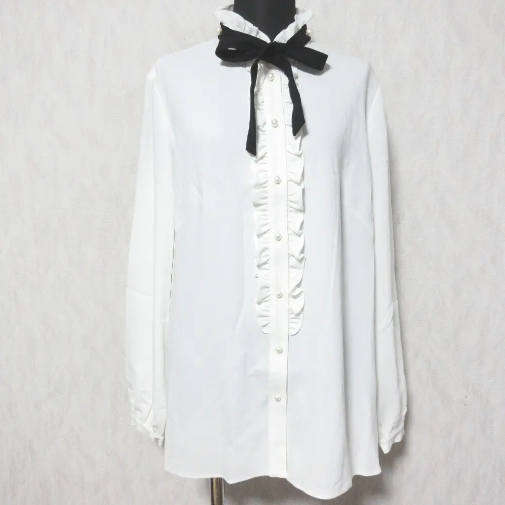 Rene ルネ パールボタン リボン ボウタイ ロングスリーブ 長袖 フリルカラー ブラウス シャツ 36 ホワイト
