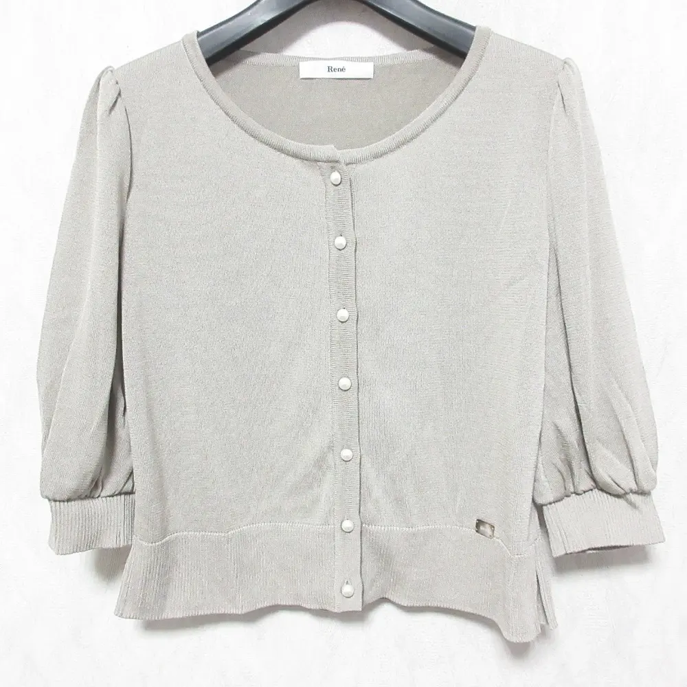 Rene ルネ シルクブレンド パールボタン ギャザースリーブ 七分袖 ニット カーディガン 6932710 小さいサイズ 34 ベージュ