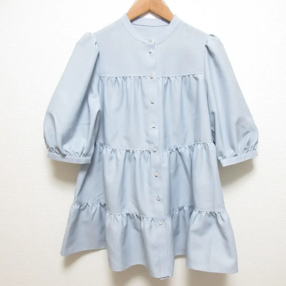 24SS Rene ルネ UVカット ウォッシャブル ギャザーパフスリーブ ティアードブラウス 5421990 サイズ36 ライトブルー