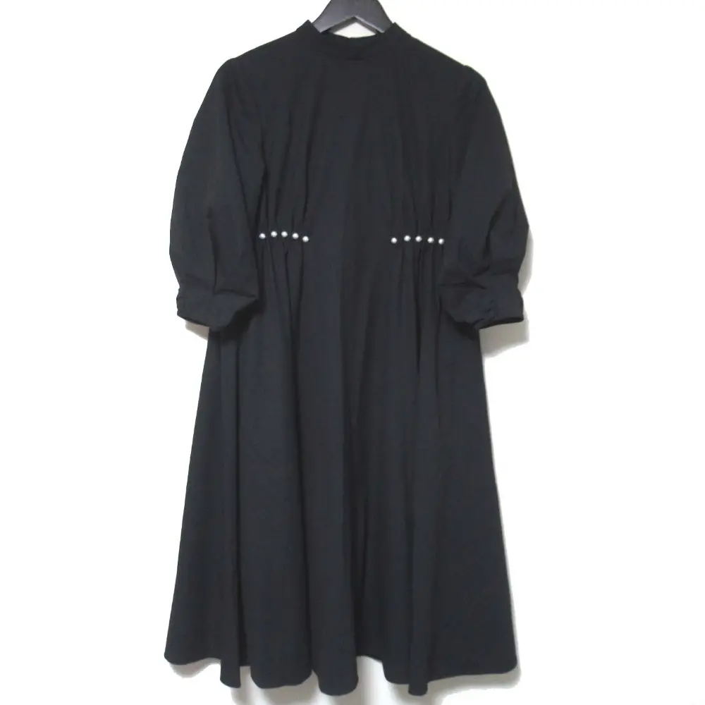 24SS Rene ルネ ストレッチ ミモレ丈 七分袖 パール装飾 フレアワンピース 6416800 36サイズ ブラック