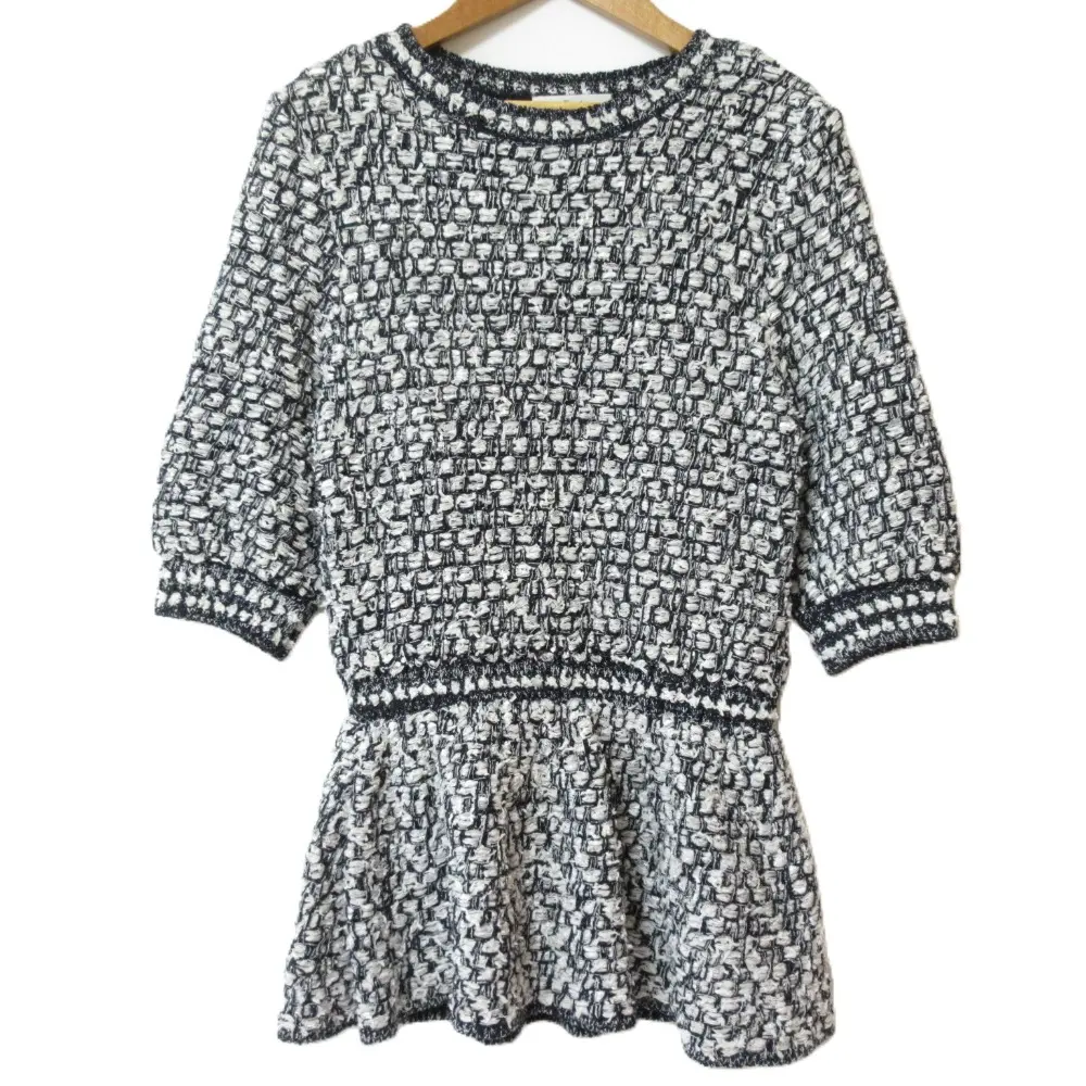 22SS Rene ルネ パール クルーネック 七分袖 ツイード ニットカットソー チュニック 6212030 34 ネイビー ホワイト