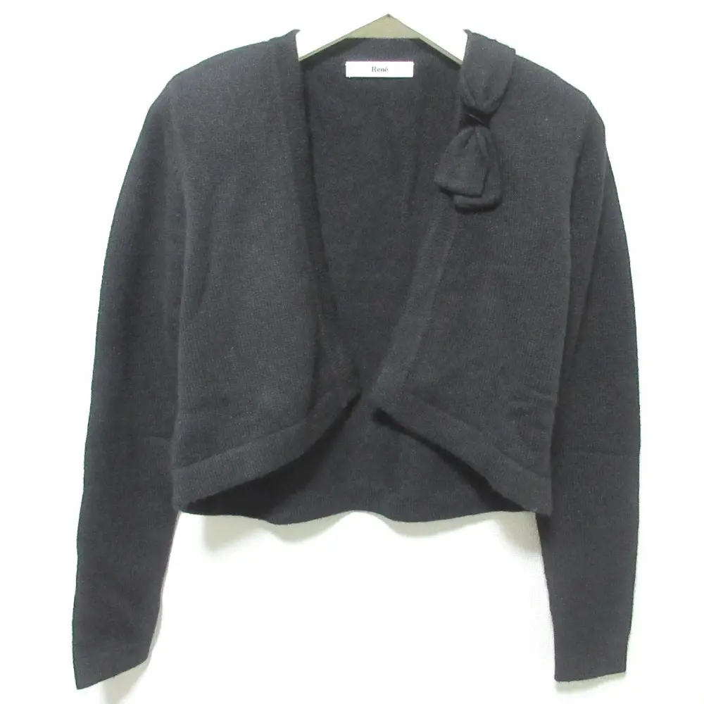 Rene ルネ カシミヤ100％ リボン 長袖 ショート丈 ニットカーディガン ボレロ 36 ブラック
