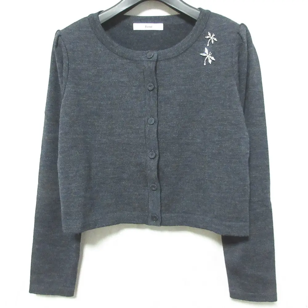 Rene ルネ トンボモチーフ ビジュー ロングスリーブ クルーネック ニット カーディガン ボレロ 6842570 36 チャコールグレー