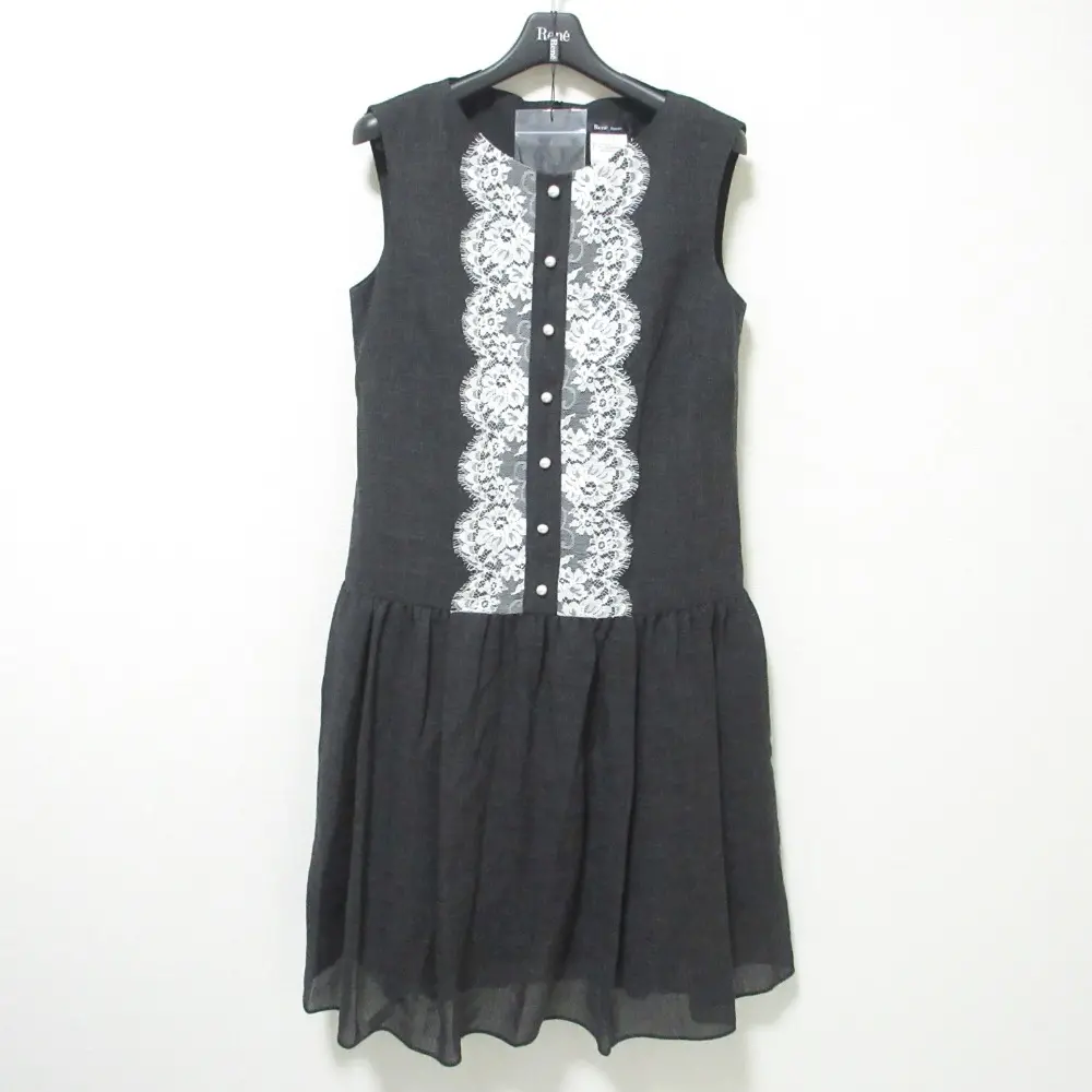 クリーニング済 Rene basic ルネベーシック パール レース ロング ノースリーブワンピース 34 チャコールグレー