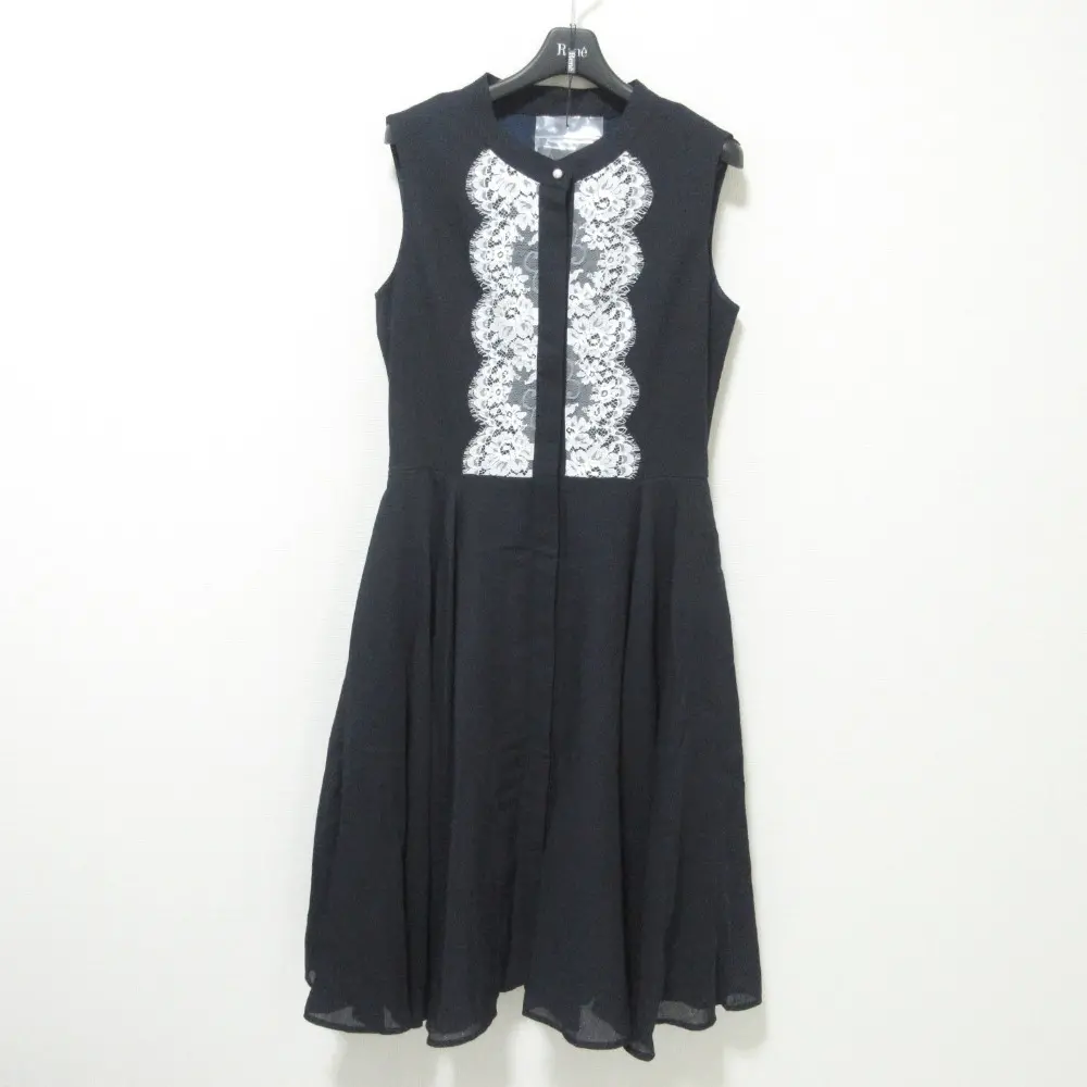 クリーニング済 Rene basic ルネベーシック パール レース ノースリーブ ロングワンピース 36 ネイビー