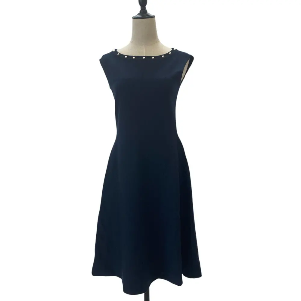 Rene ルネ  パール ウール ノースリーブ フレアワンピース 36 ネイビー