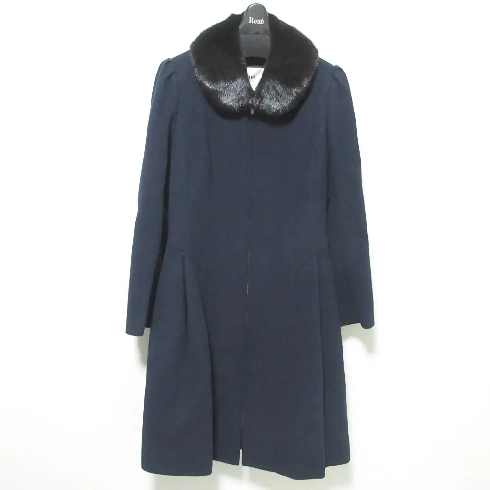 Rene ルネ ミンクファーカラー ダブルジップ アンゴラブレンド ノーカラーコート 36 ネイビー