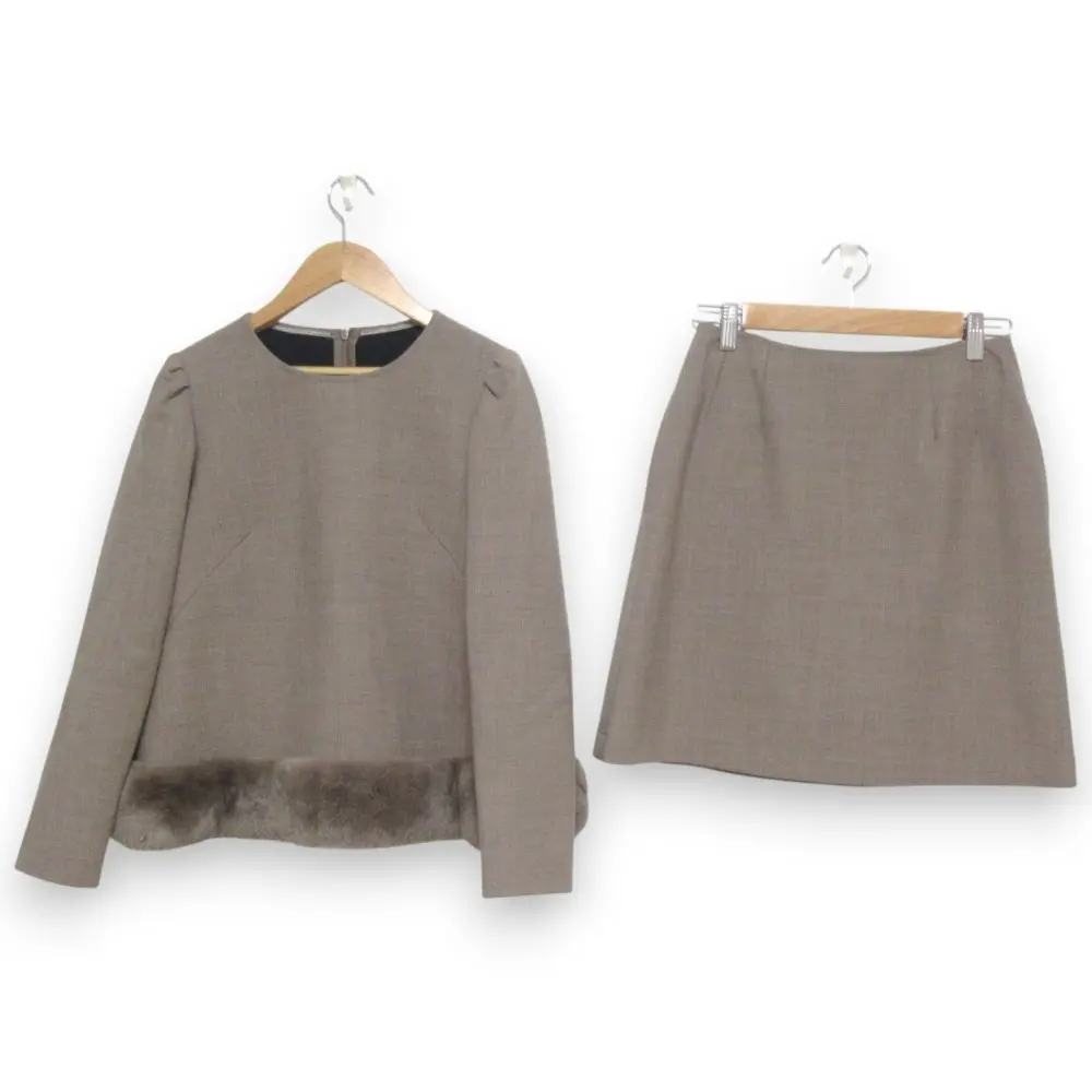 Rene ルネ TISSUE ストレッチ レッキスファー ブラウス+ひざ丈スカート セットアップ サイズ36 モカ ブラウン系