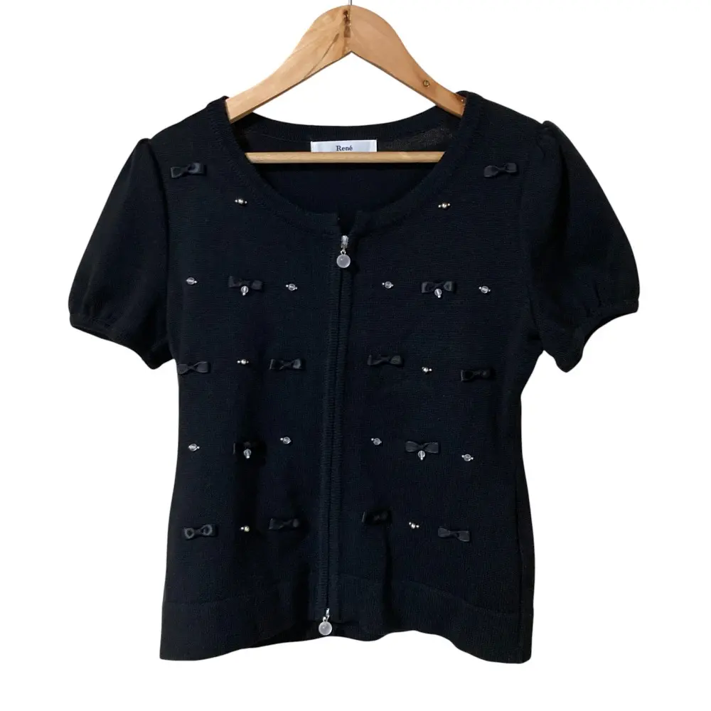 Rene ルネ リボン ビーズ刺繡 ショートスリーブ ダブルジップ カーディガン ニット ジャケット 36 ブラック