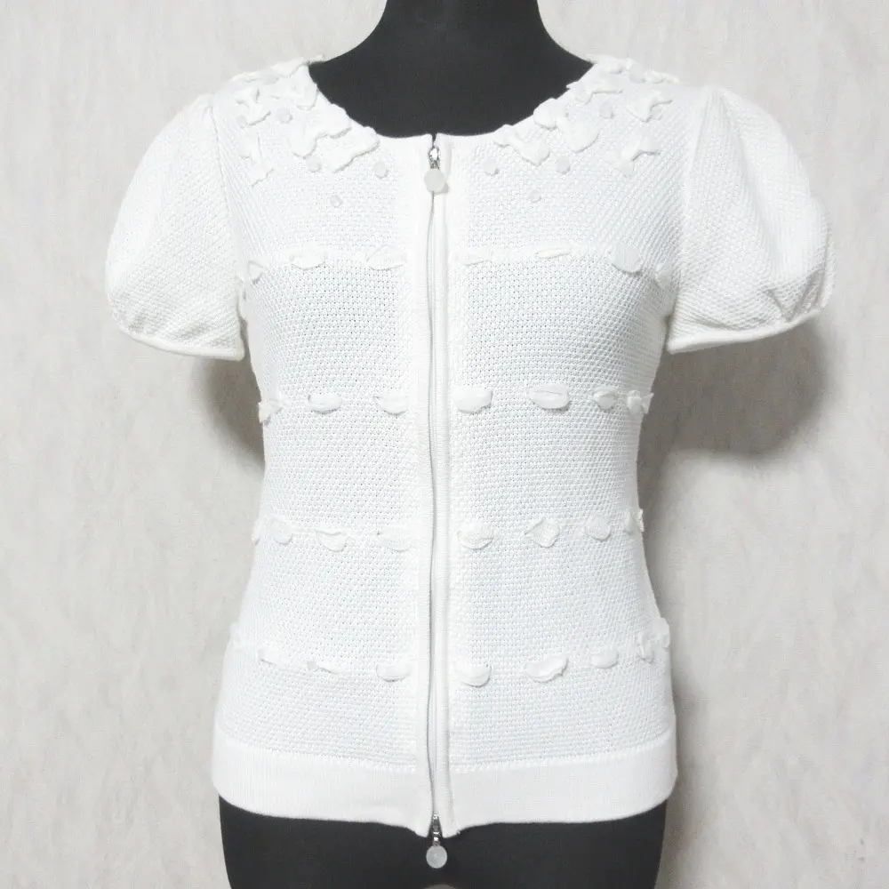 Rene ルネ リボンデザイン パフスリーブ 半袖 ダブルジップ カーディガン ニットジャケット 小さいサイズ 34 ホワイト