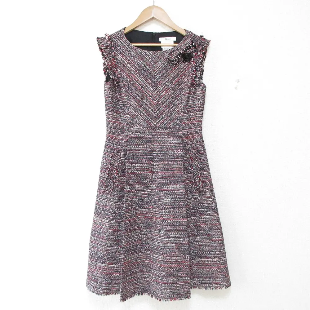 Rene ルネ TISSUE リボン ノースリーブ ツイードワンピース 34 マルチカラー