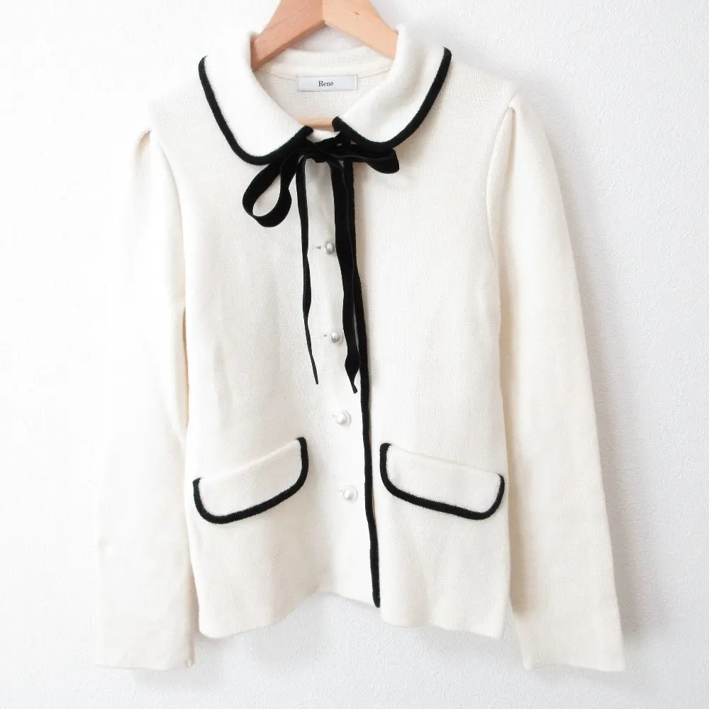 23AW Rene ルネ ウール フェイクパールボタン ベルベットタイ付き シングル カーディガン ニットジャケット 34 ホワイト
