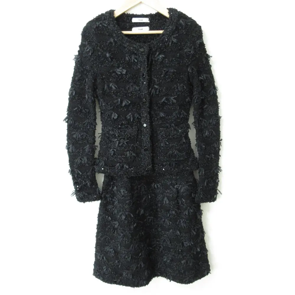 Rene ルネ リボンツイード ノーカラージャケット  ひざ丈 半袖ワンピース アンサンブル セットアップ 34 ブラック