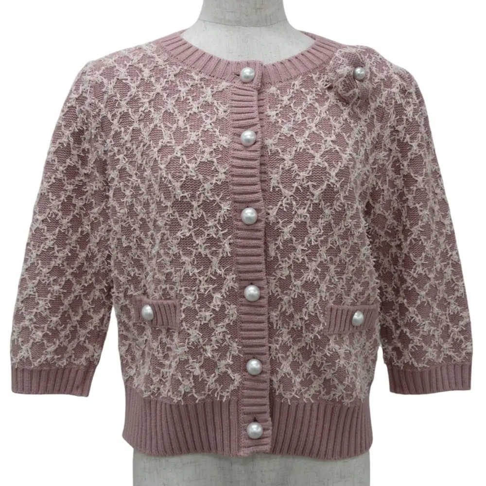 24AW Rene ルネ フラワーコサージュ付き パールボタン 七分袖 ツイード ニットジャケット 36 ピンク