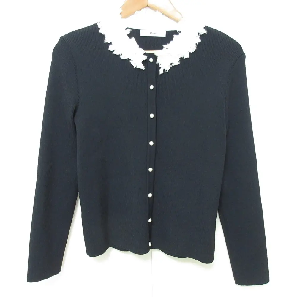 25SS Rene ルネ フリルカラー フェイクパールボタン リブニット カーディガン サイズ36 ダークネイビー