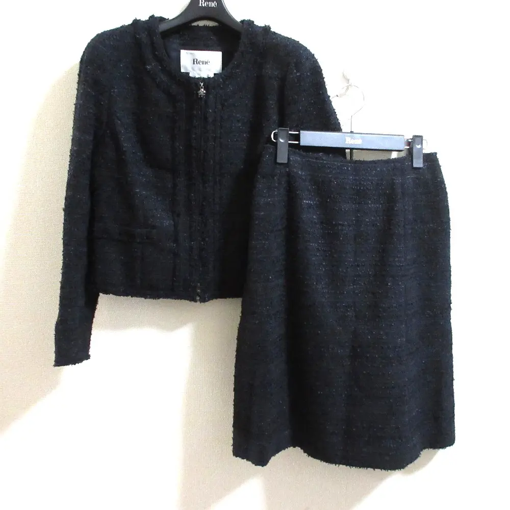 Rene ルネ サマーツイード ノーカラージャケット スカート セットアップ 693030 サイズ36 ネイビー
