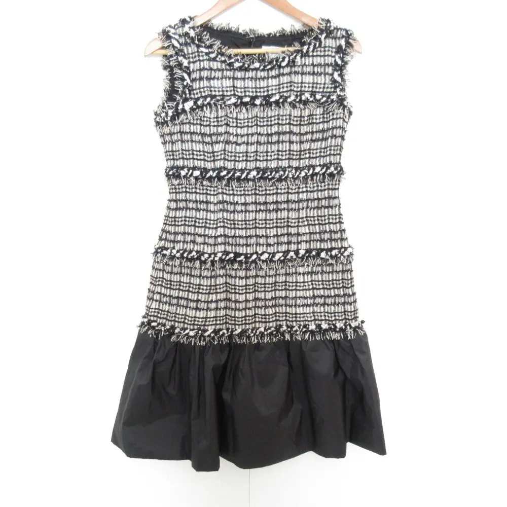 Rene ルネ フランス製生地使用 ノースリーブ ひざ丈 フレア ツイードワンピース サイズ36 ブラック