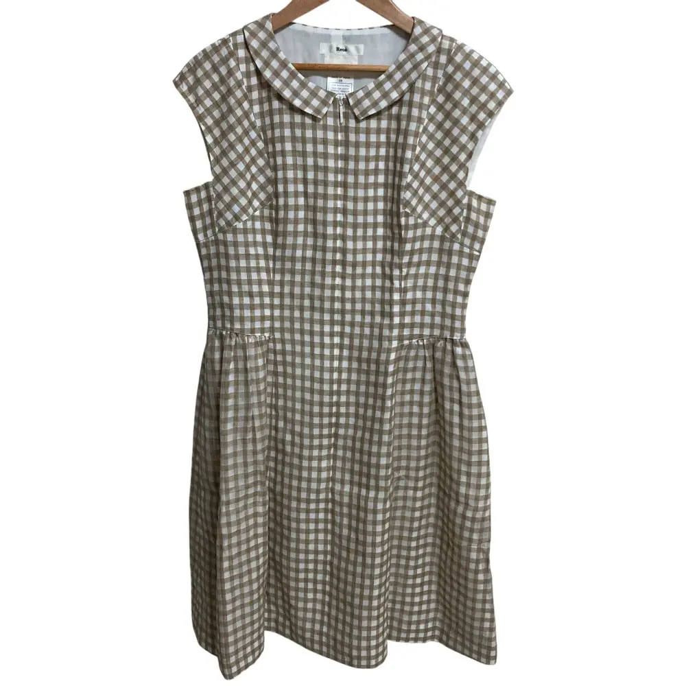 Rene ルネ イタリア製生地 チェック柄 フロントジップ ノースリーブ ひざ丈 襟付き ワンピース サイズ38 モカ