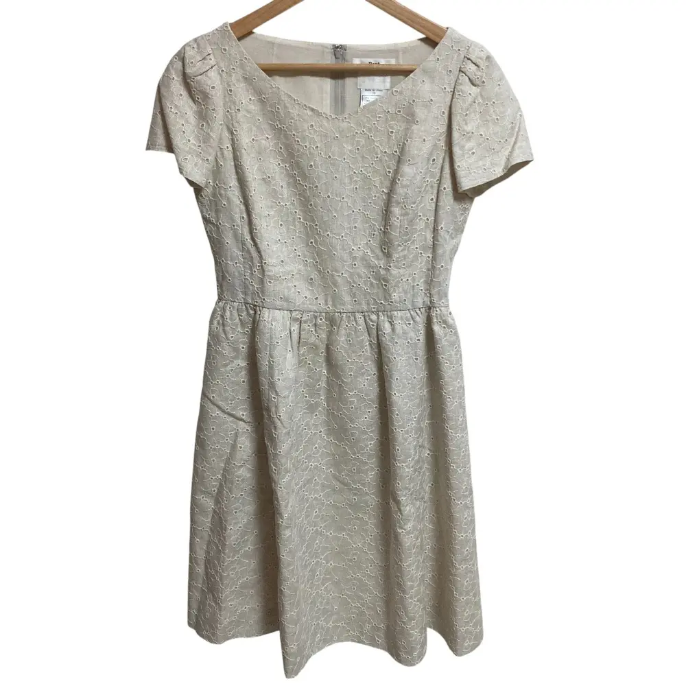 Rene ルネ リネンコットン 半袖 ひざ丈 フラワーエンブロイダリー ワンピース サイズ38 ベージュ