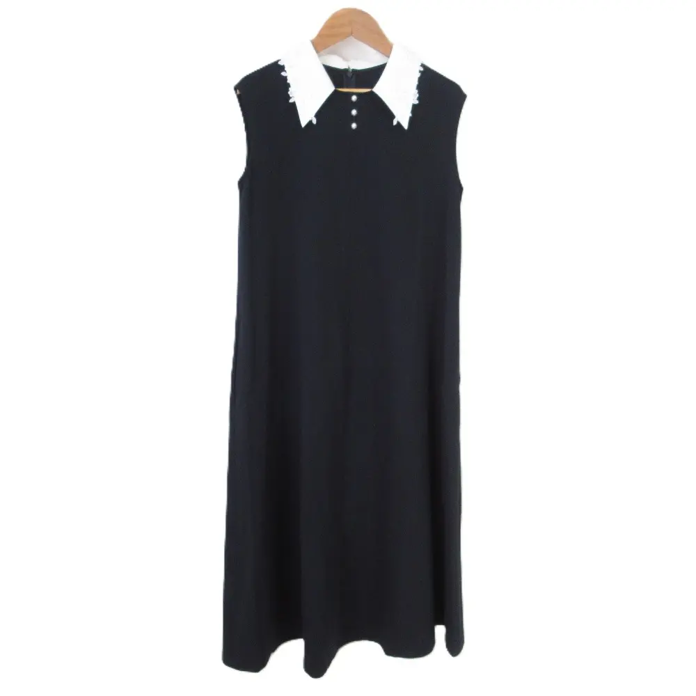 24SS Rene ルネ レース付きホワイトカラー パール装飾 ノースリーブロングドレス ワンピース 5427020 サイズ34 ネイビー