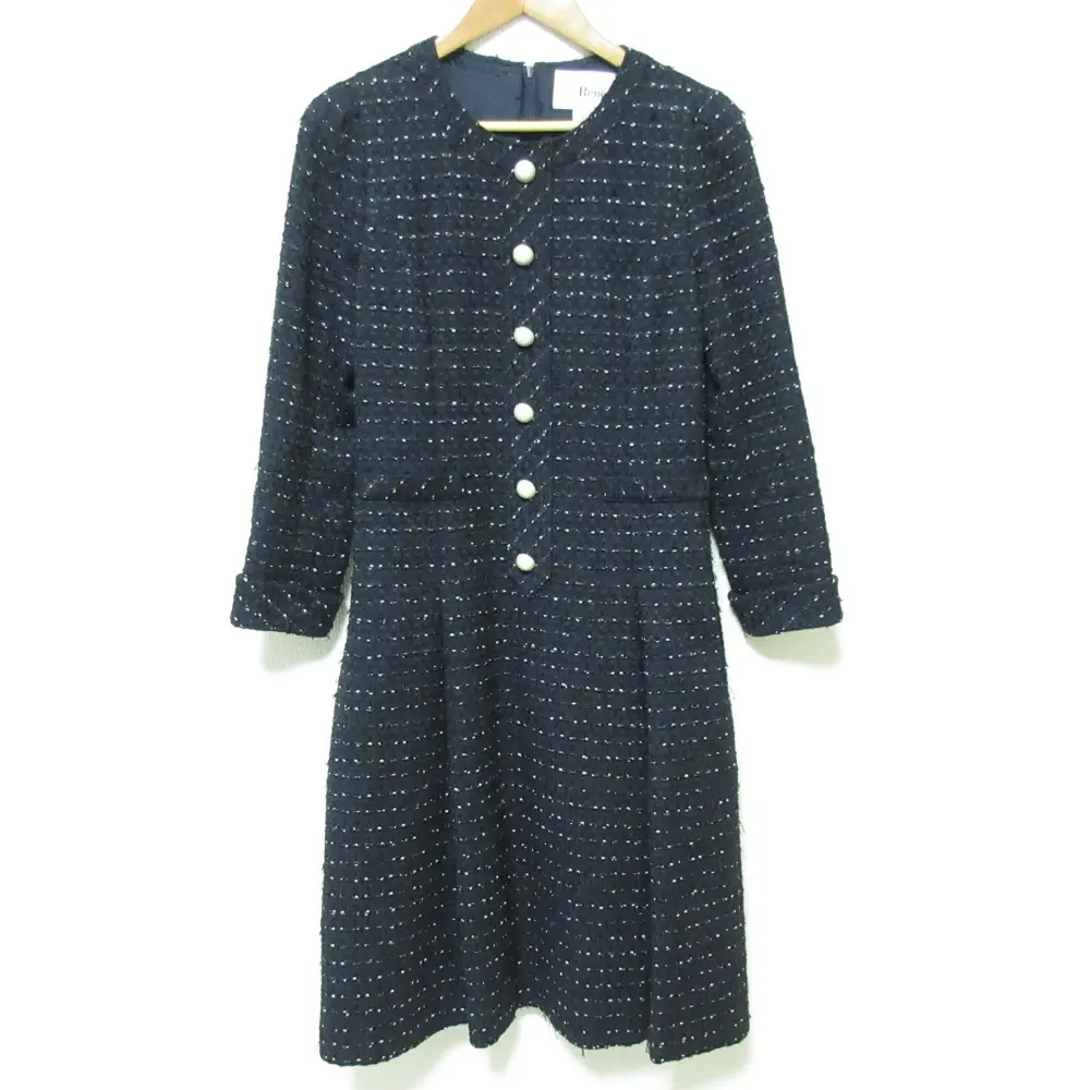 Rene ルネ LINTON社製生地 フェイクパールボタン ノーカラー ツイードワンピース サイズ34 ネイビー