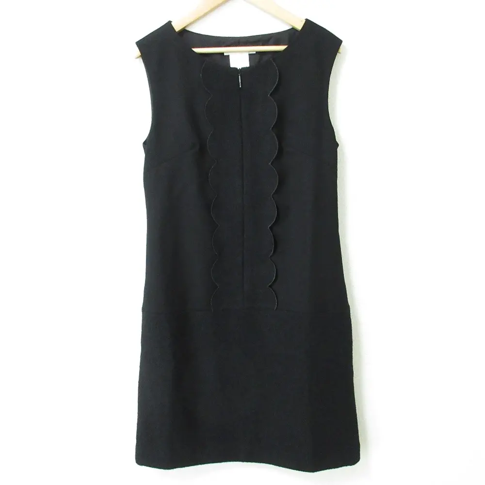 Rene ルネ ウール ストレッチ フロントジップ ノースリーブ ひざ丈 スカラップ ワンピース サイズ34 ブラック