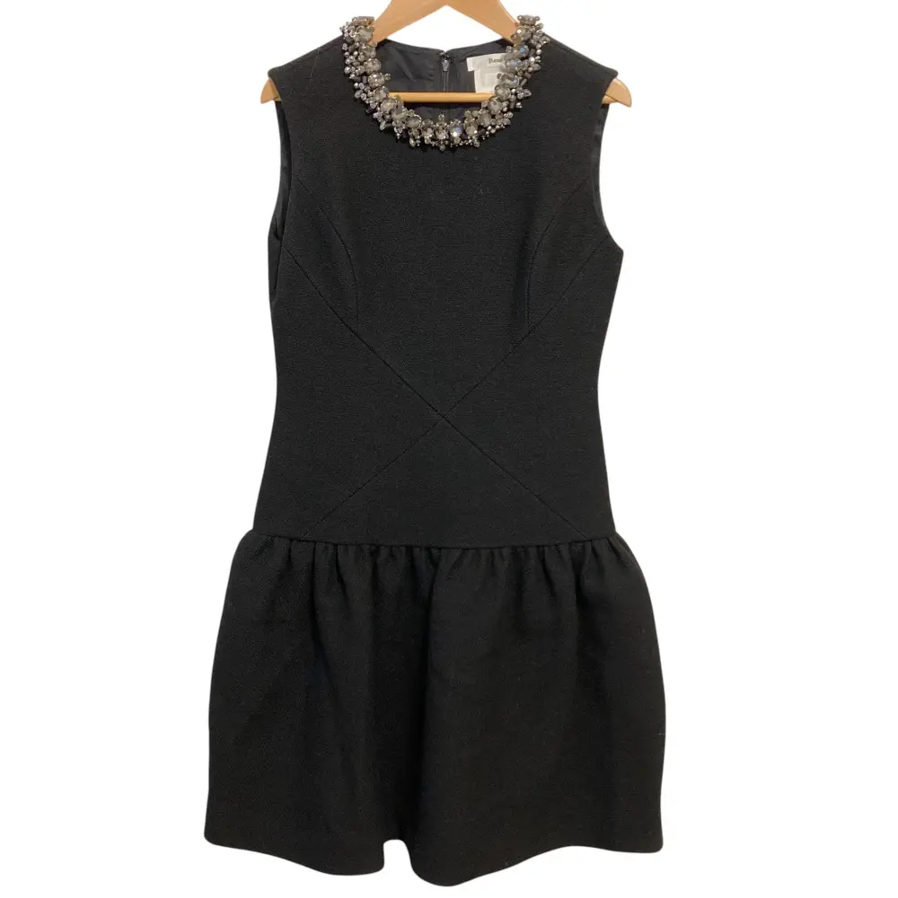 Rene ルネ TISSUE 英国製生地 ビジューネック ノースリーブ ワンピース ドレス 36 ブラック