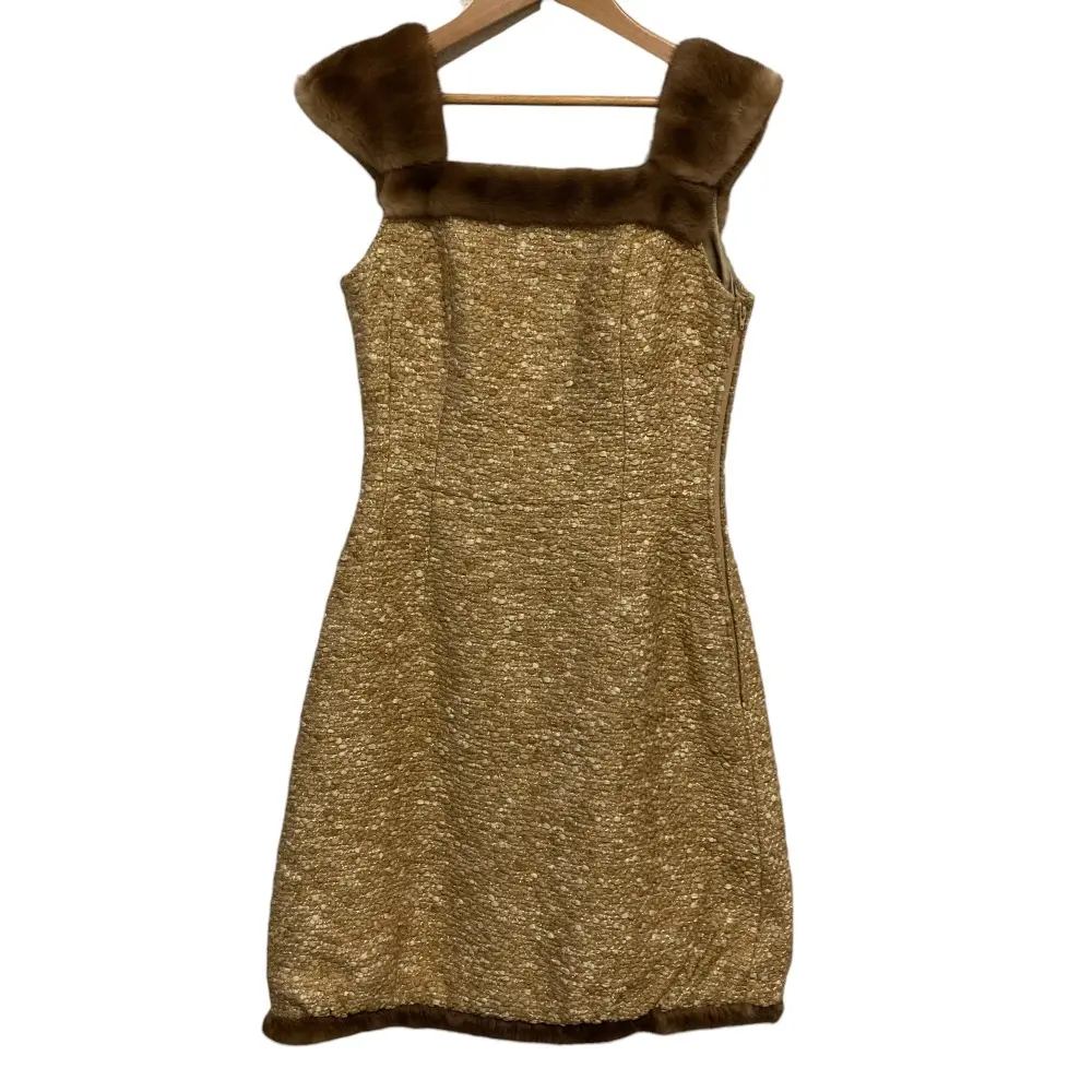 Rene ルネ ミンクファートリム ツイード切替 ノースリーブワンピース 36 ベージュ