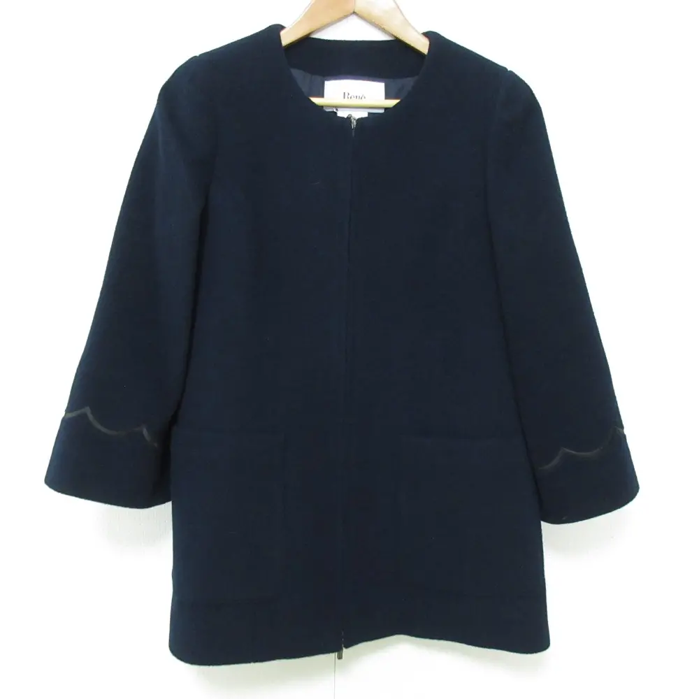 Rene ルネ ウール×アンゴラ ノーカラーコート 6043440 サイズ36 ネイビー 