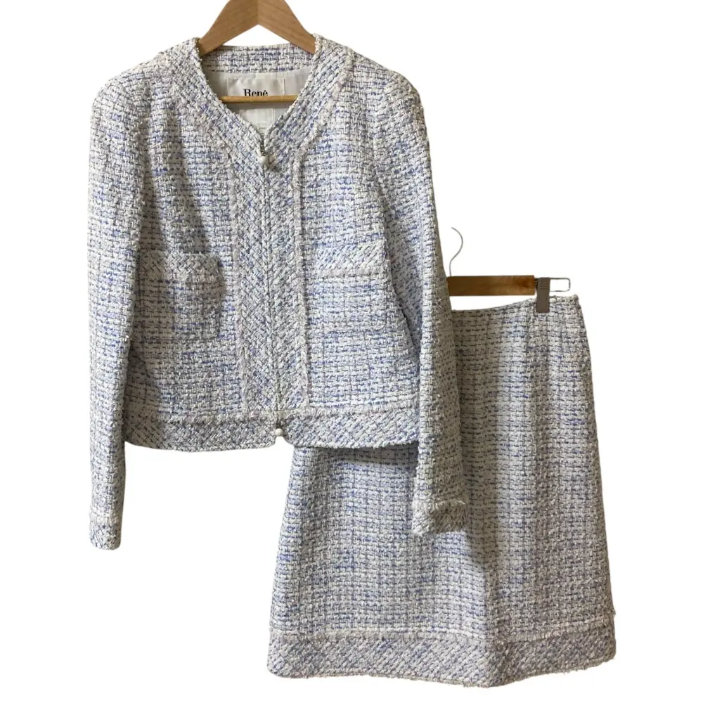 Rene ルネ ミックスツイード ノーカラージャケット スカート セットアップ 38 ブルー系 マルチカラー