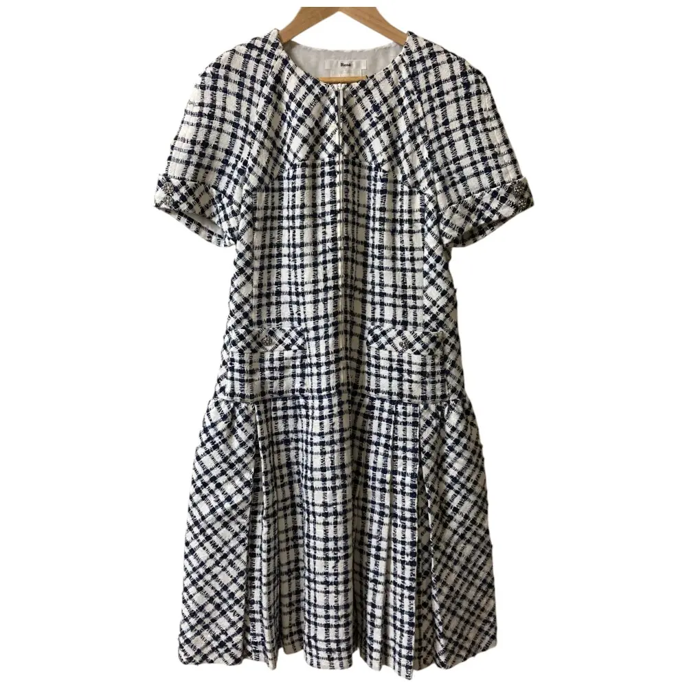 Rene ルネ チェック柄 半袖 ひざ丈 プリーツ ツイードワンピース 38 ホワイト×ネイビー