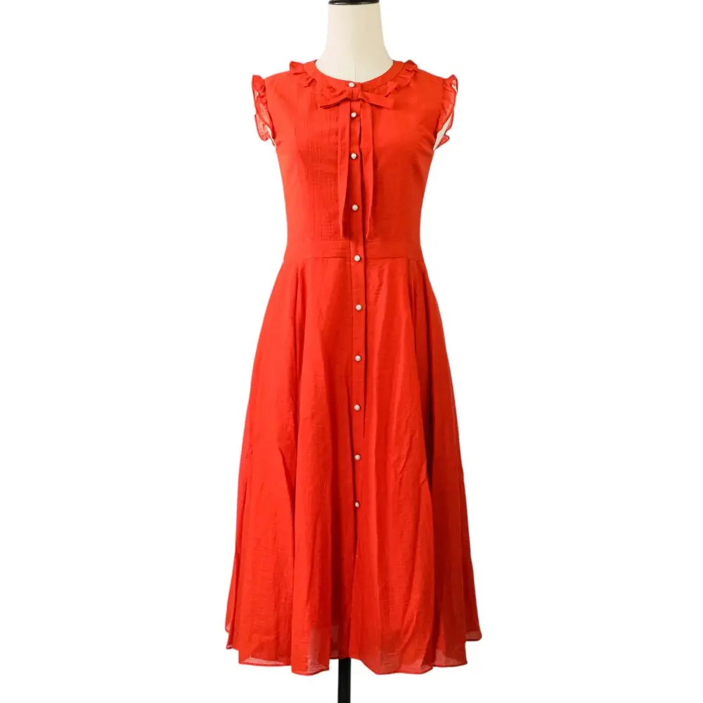 Rene basic ルネ ベーシック フランス製生地 パールボタン リボン フレアドレスワンピース 34 レッド
