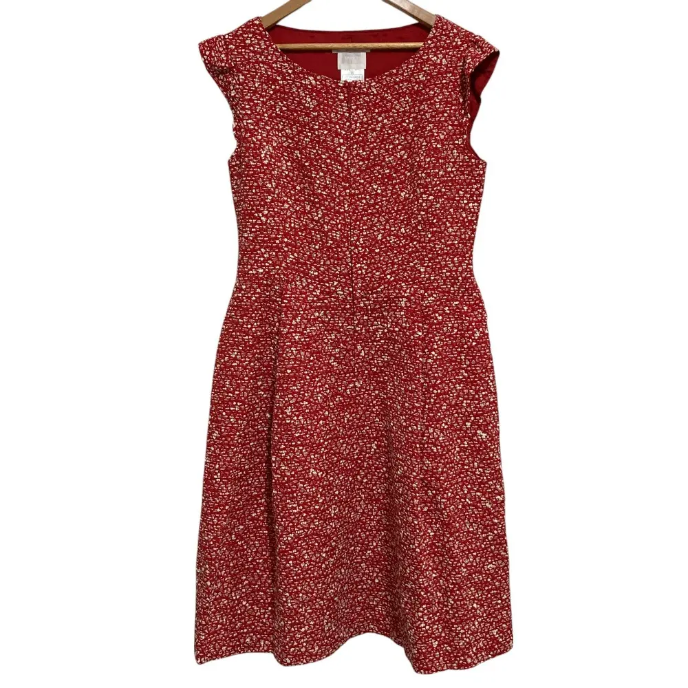 Rene ルネ イタリア製生地 ノースリーブ フロントジップ ひざ丈 フレア ツイードワンピース 38 レッド