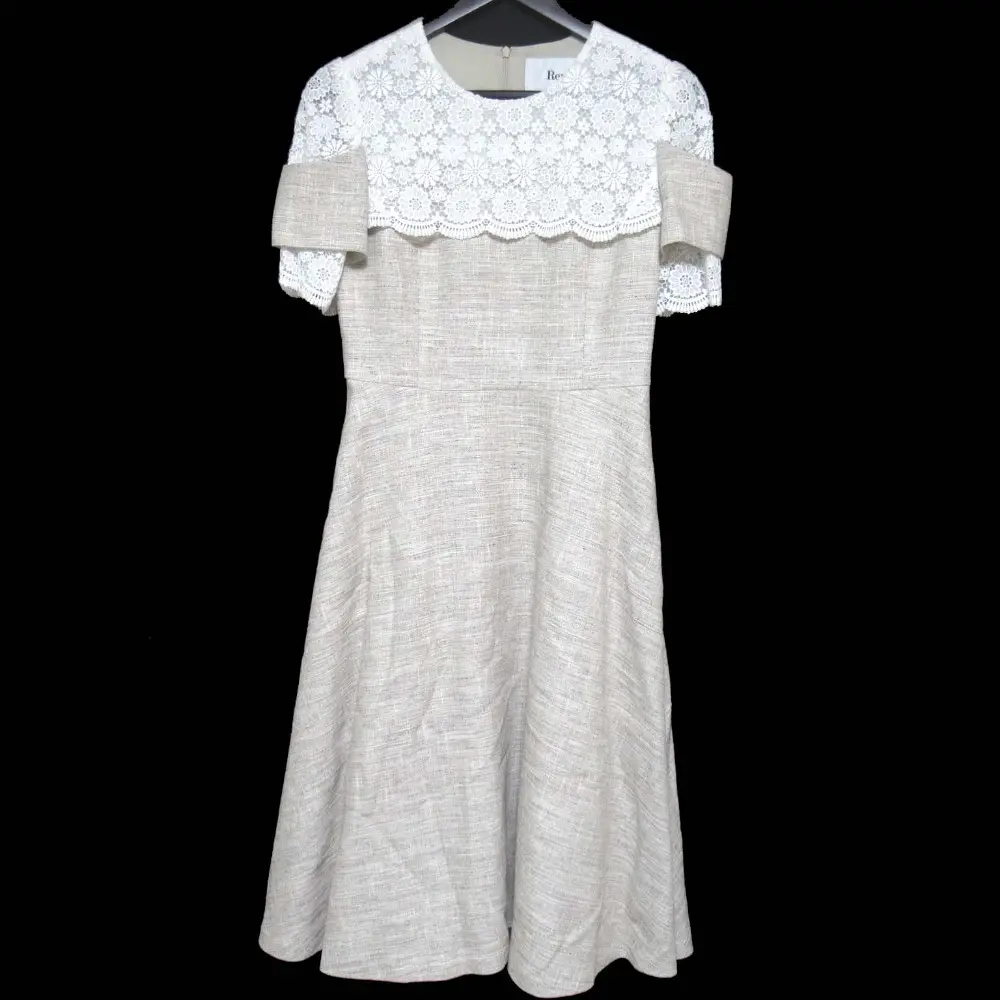 23SS Rene ルネ 半袖 ロング丈 レース サマーツイード ドレス ワンピース 6326370 サイズ36 グレージュ×ホワイト