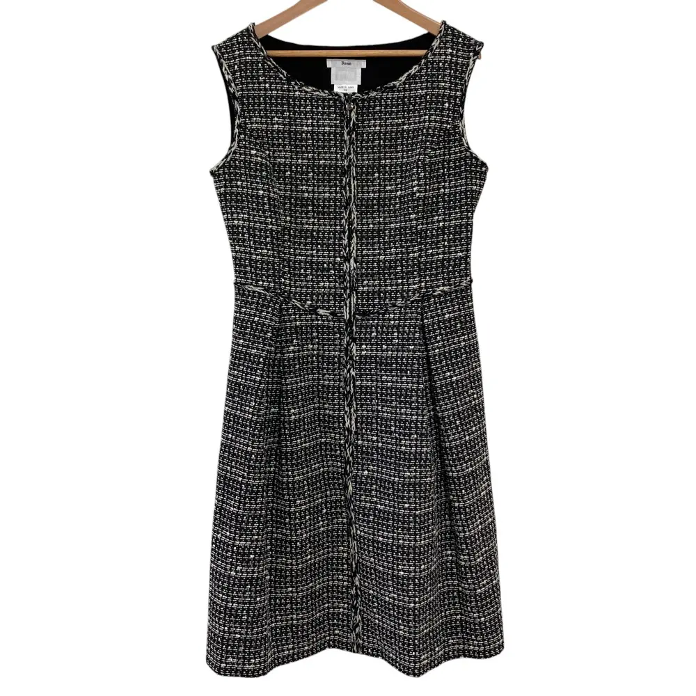 Rene ルネ フランス製生地 ノースリーブ ひざ丈 フロントジップ ツイードワンピース 38 ブラック