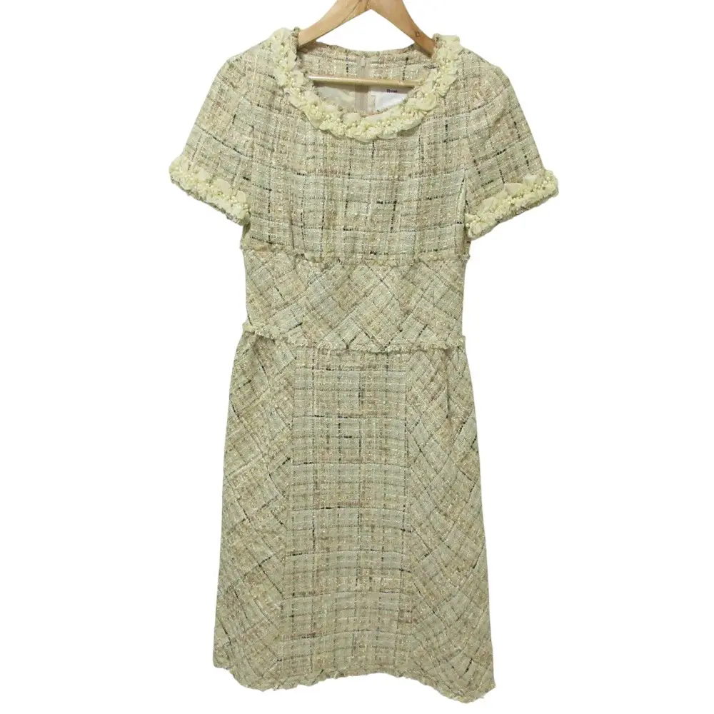 Rene ルネ フランス製生地 ツイード 半袖 膝丈 ドレス ワンピース 36 ベージュ