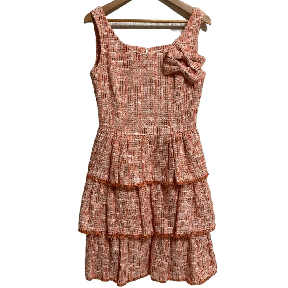 Rene ルネ リボン ノースリーブ ひざ丈 ティアード ツイードワンピース サイズ34 ピンク系