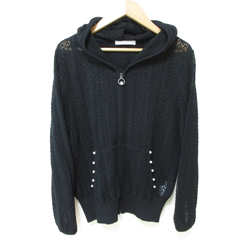 Rene ルネ パールディティール ジップアップ レーシーニットパーカー フーディー 36 ブラック