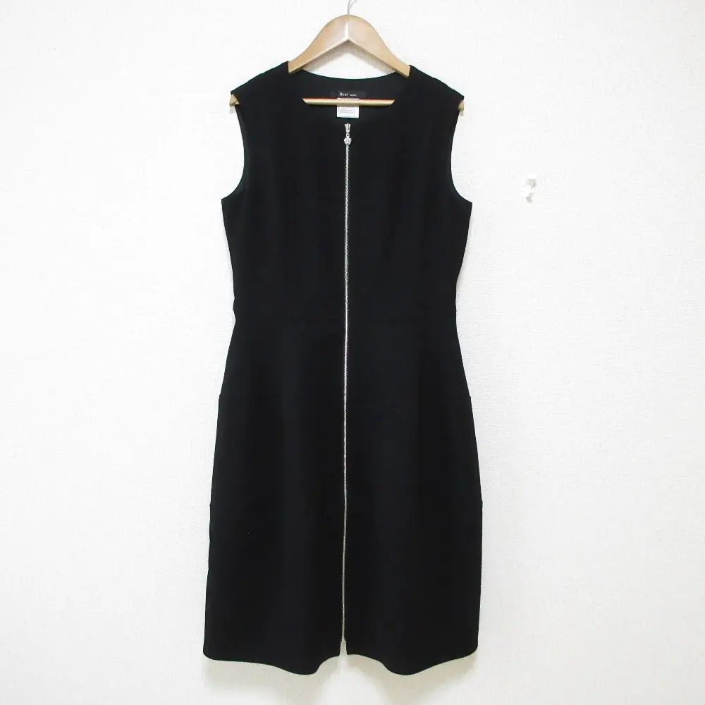 Rene basic ルネベーシック ノースリーブ ひざ丈 フロントジップ ワンピース ドレス 36 ブラック