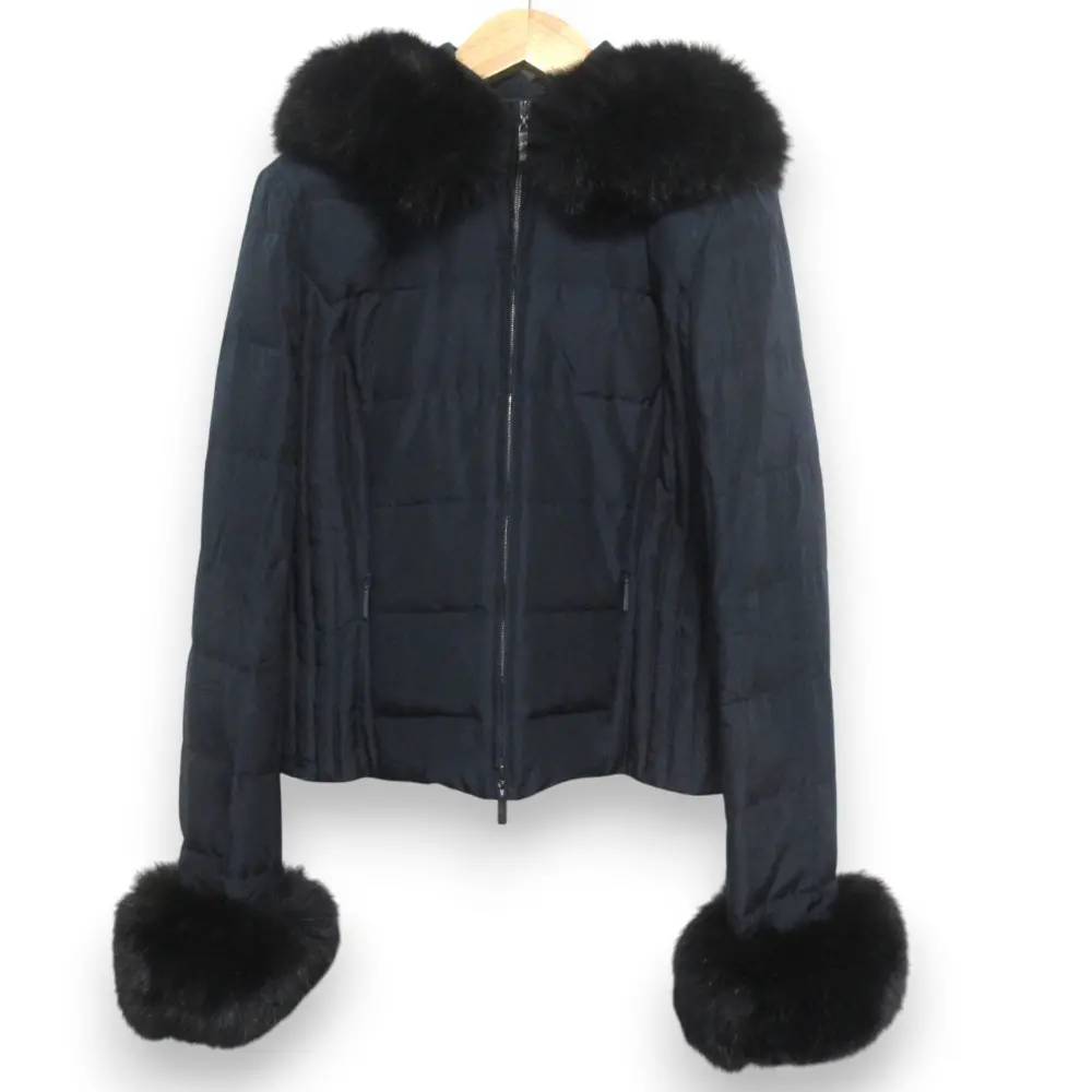 Rene ルネ フォックスファー付き ショート丈 シルクダウンジャケット サイズ36 ネイビー
