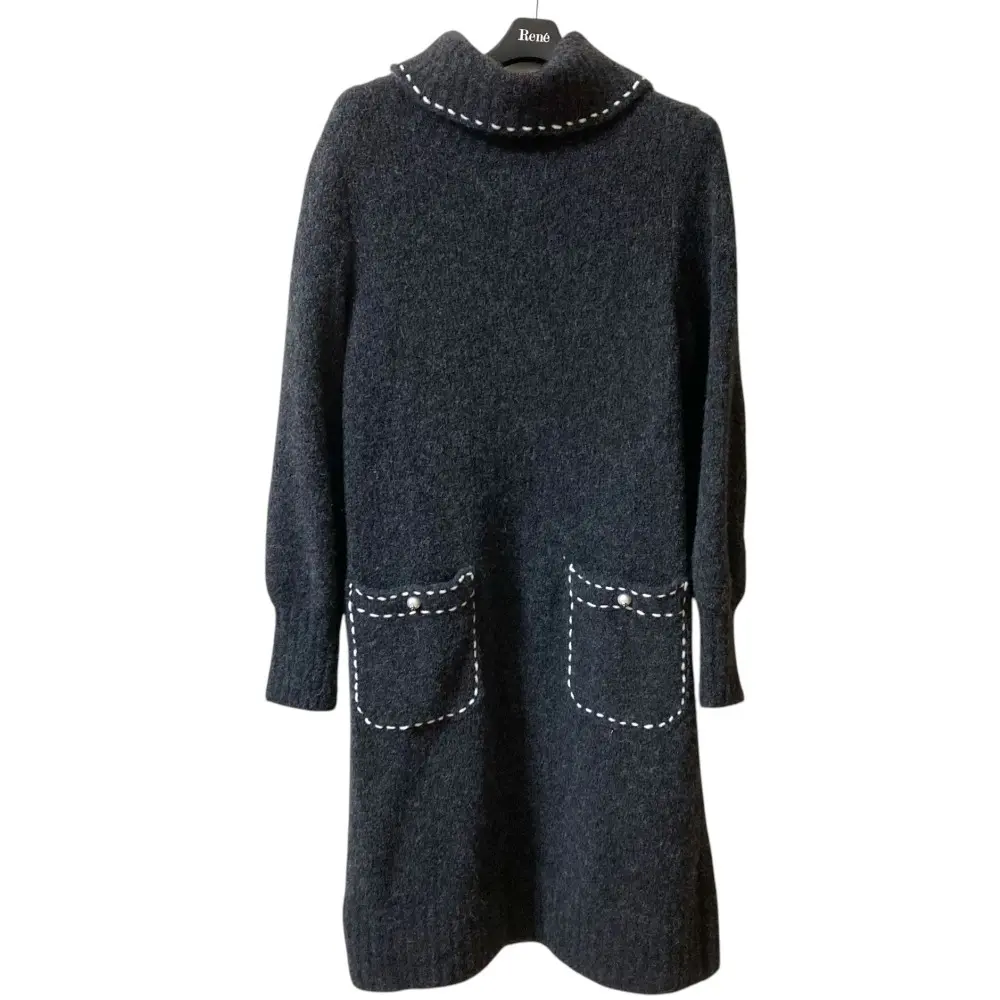 24AW Rene ルネ パールボタン オフタートル ニット ワンピース 6442107 サイズ36 グレー ダークグレー