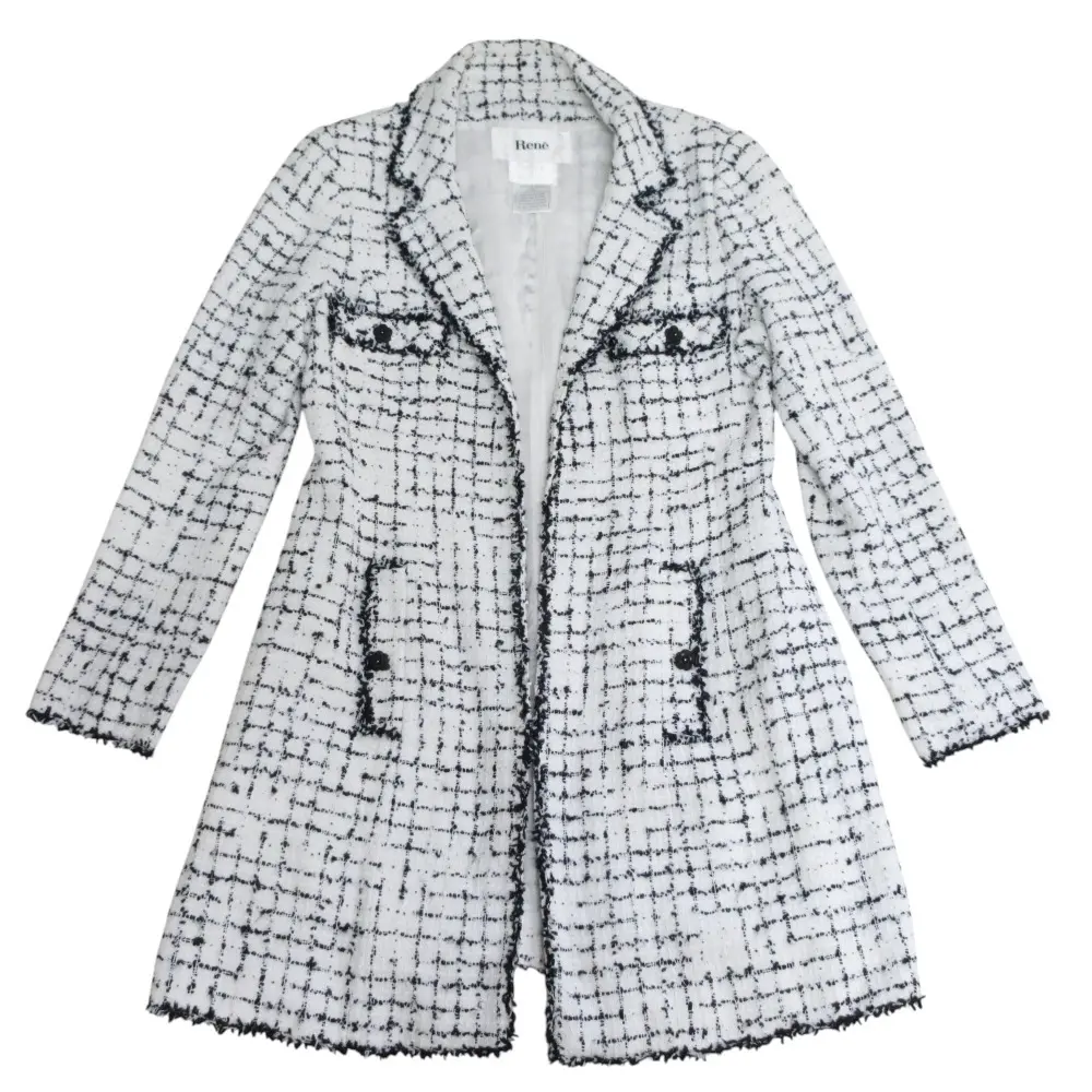 Rene ルネ TISSUE カメリアボタン ツイードジャケット コート サイズ38 ホワイト ブラック