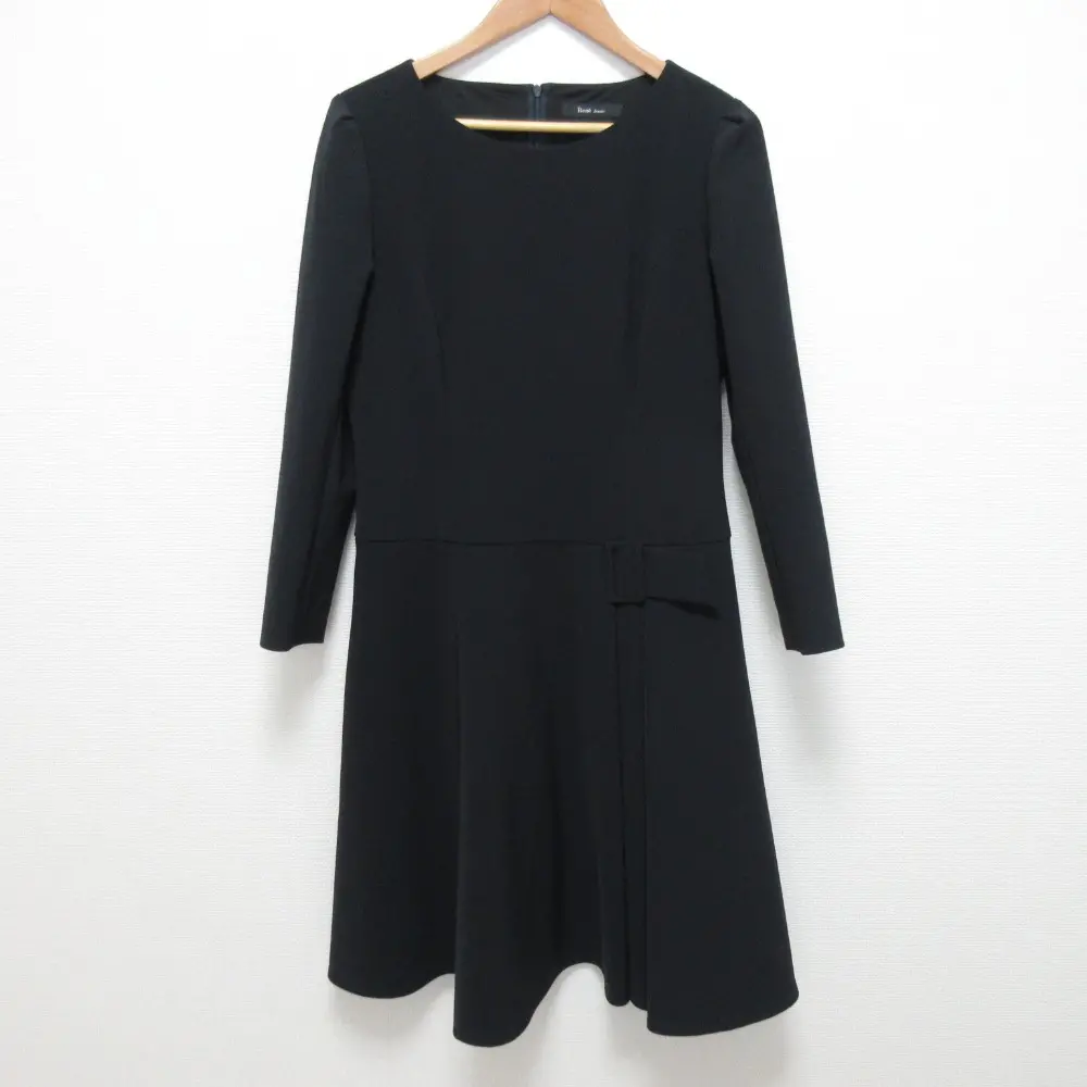 Rene basic ルネベーシック ベルトデザイン 長袖 ひざ丈 フレア フォーマルワンピース サイズ38 ネイビー