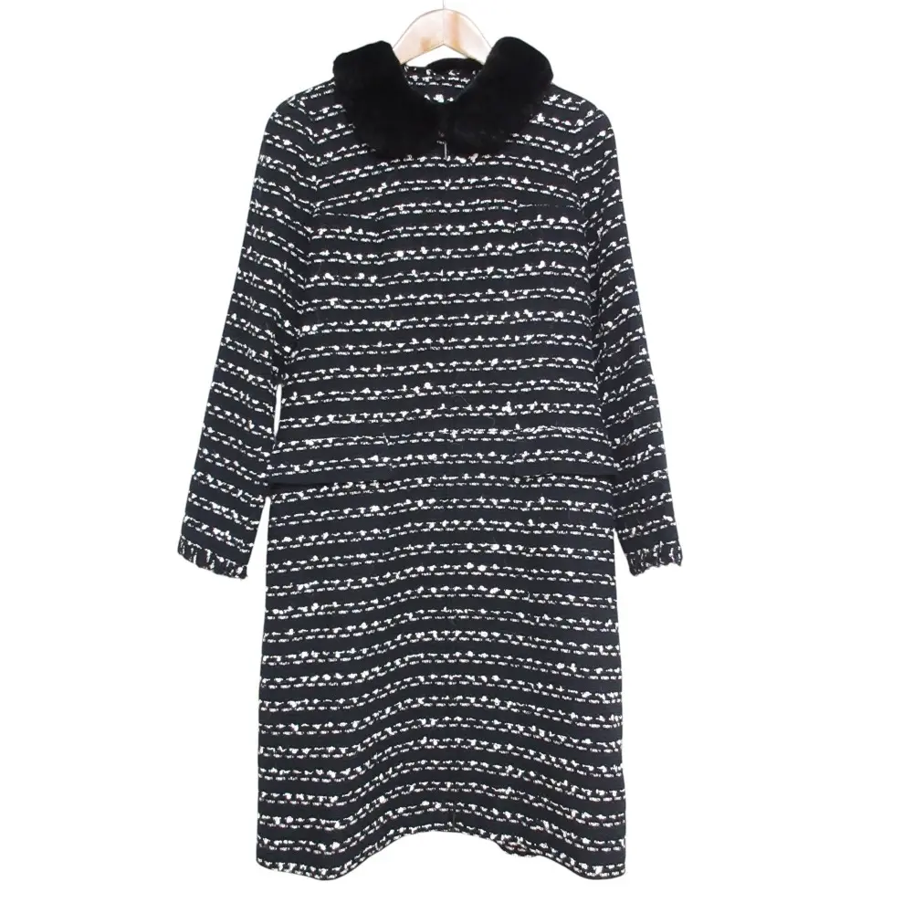 Rene ルネ TISSUE レッキスファー付き ジップアップ ツイード ロングコート 38 ブラック ホワイト