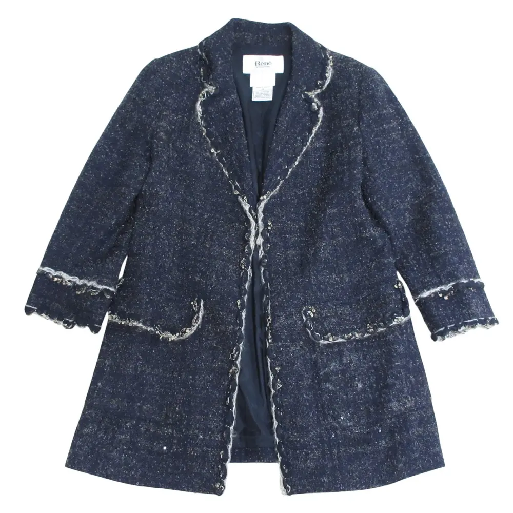 Rene ルネ TISSUE モヘヤブレンド スパンコール ツイードジャケット コート サイズ38 ネイビー