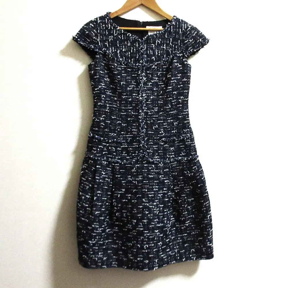 Rene ルネ TISSUE生地 フレンチスリーブ ツイードワンピース サイズ32 ネイビー