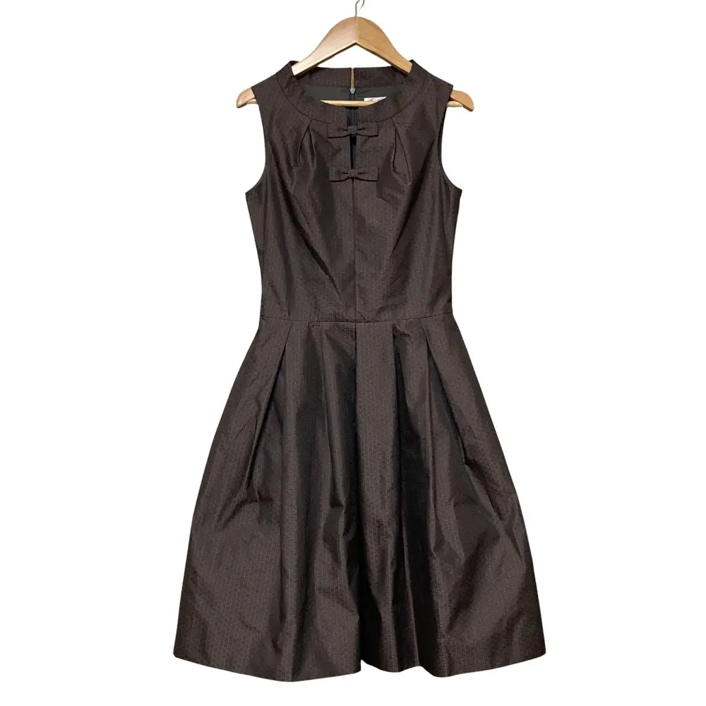 Rene ルネ リボン ジャガード ノースリーブ ドレス ひざ丈 フィット＆フレア ワンピース サイズ32 グレー